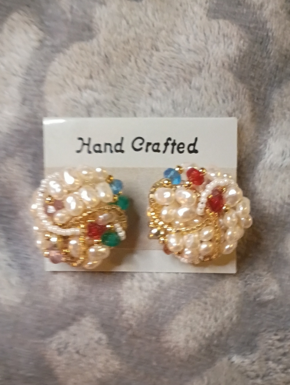 Hand Crafted White Pearl Cluster Earrings with Red, Green & Blue Accents